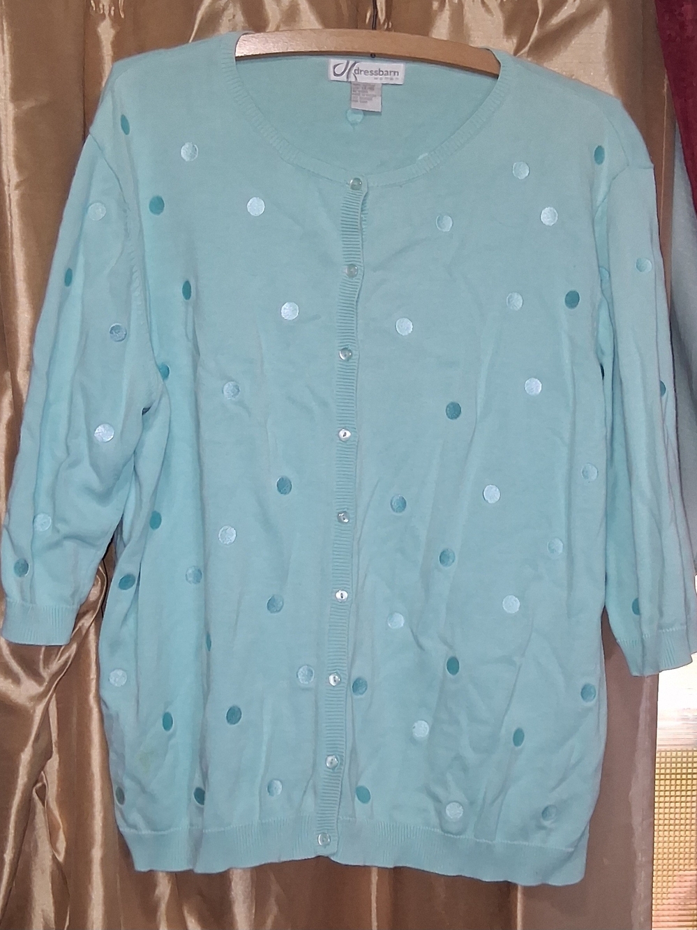dressbarn Light Blue Polka Dot Button Down Scoop Neck Sweater